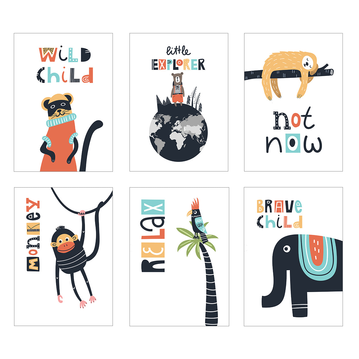 Set Of 6 Fun Animal Kids Bedroom Art Prints