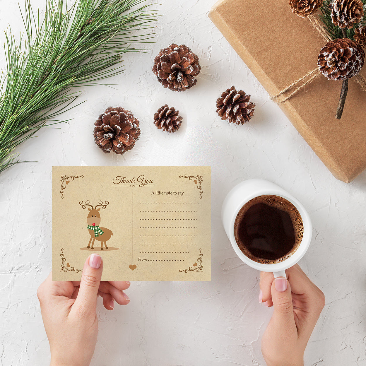 Vintage Reindeer Christmas Thank You Note Cards With White Envelopes - Pack of 20