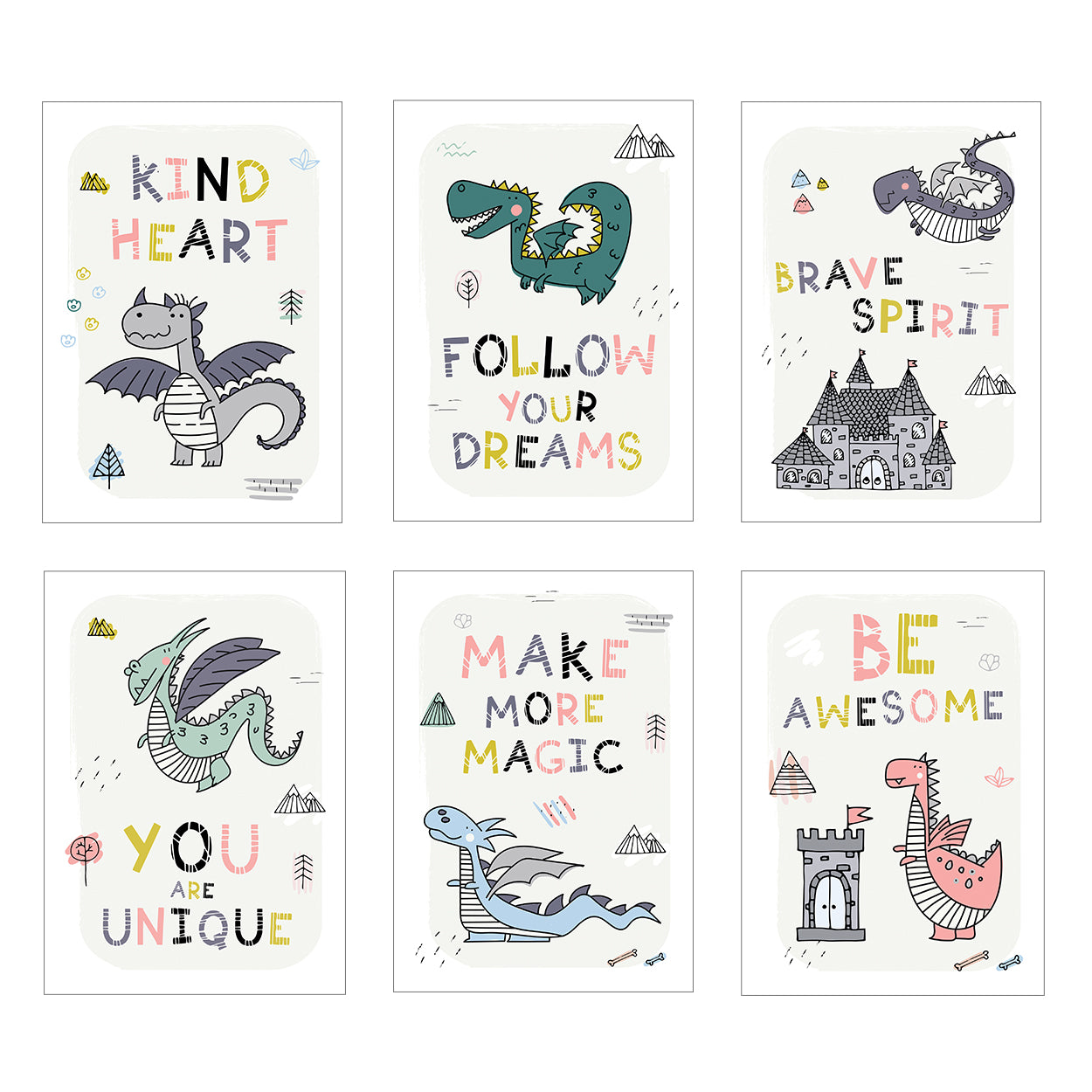 Set Of 6 Fun Kids Dragon Art Prints