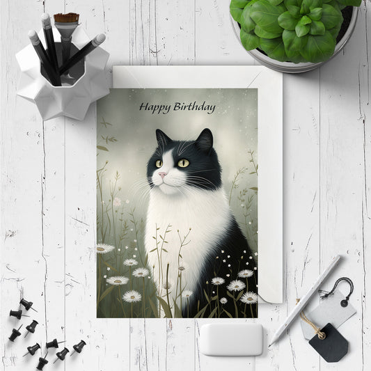 Personalised Black And White Cat Birthday Card 