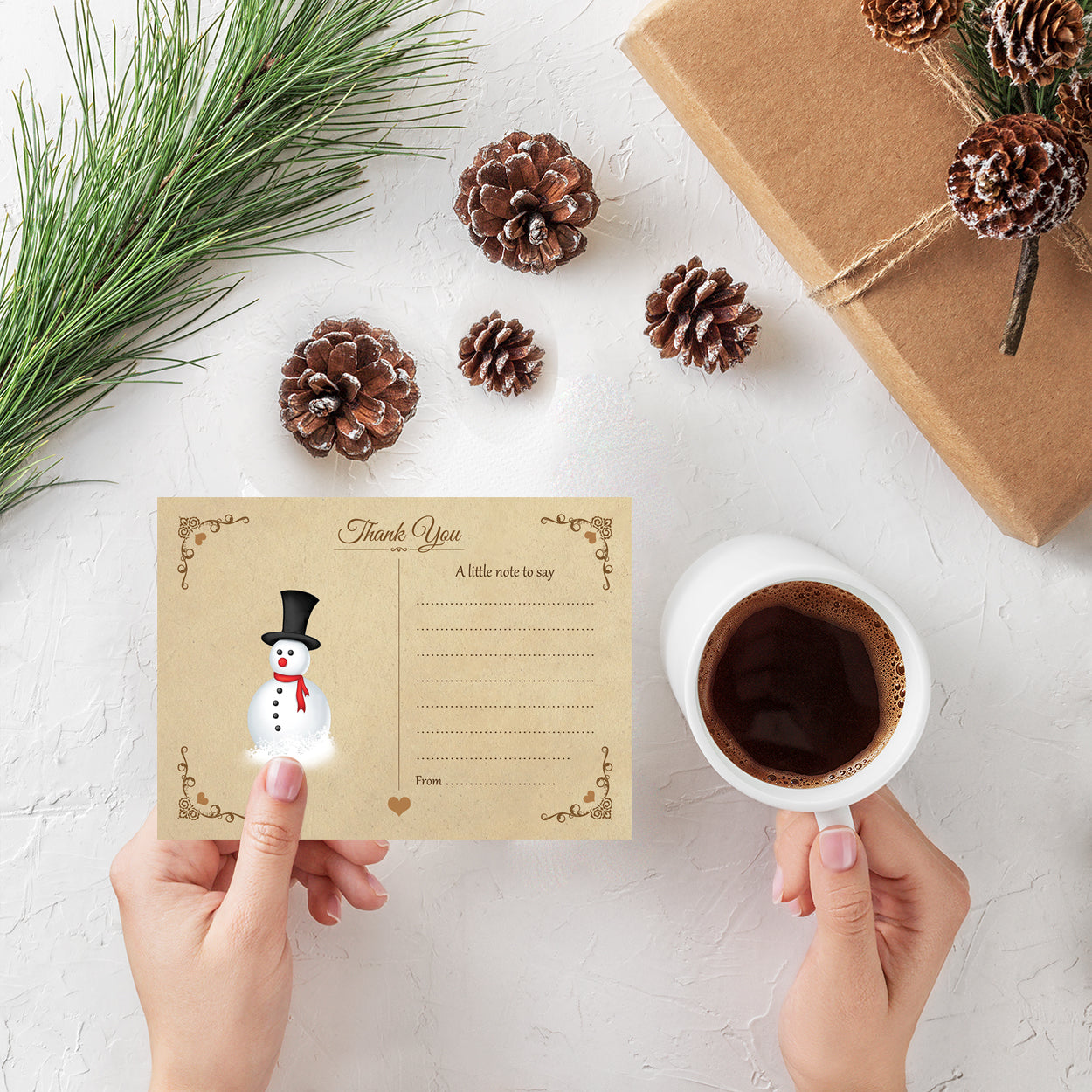 Vintage Snowman Christmas Thank You Note Cards With White Envelopes - Pack of 20