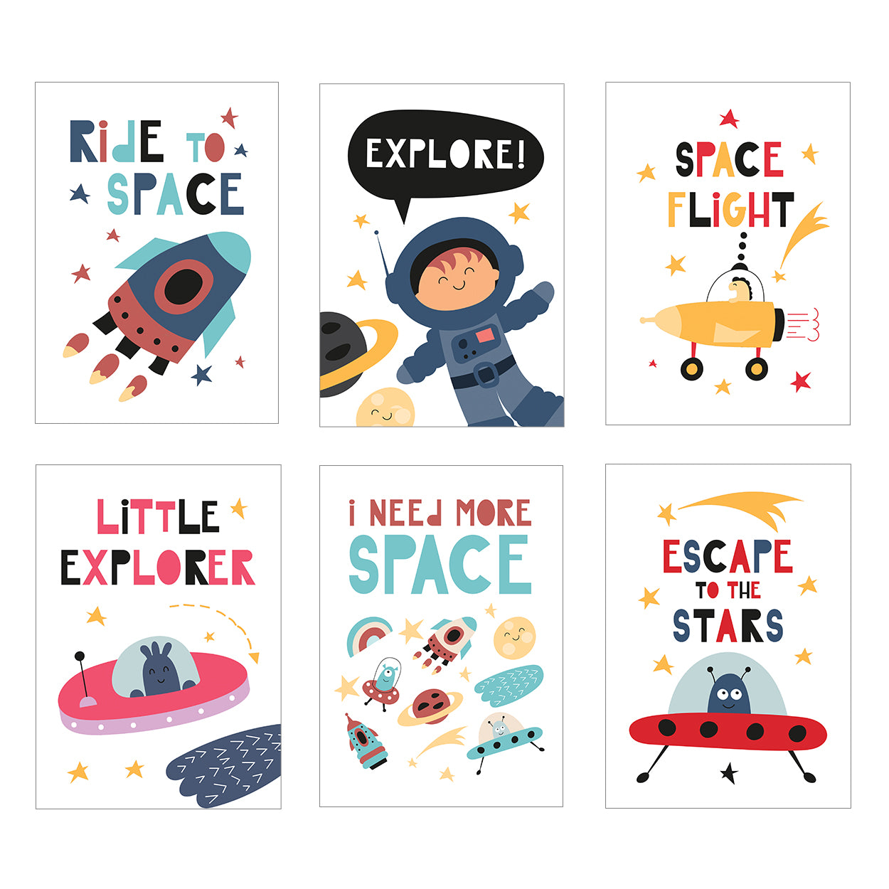 Set Of 6 Fun Kids Space Adventure Art Prints