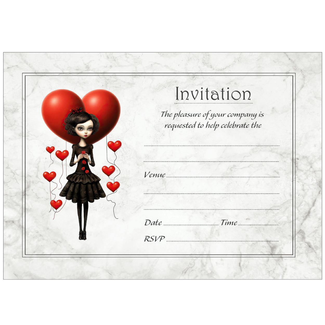 Heart Goth Girl Birthday Party Invitations - Pack of 10