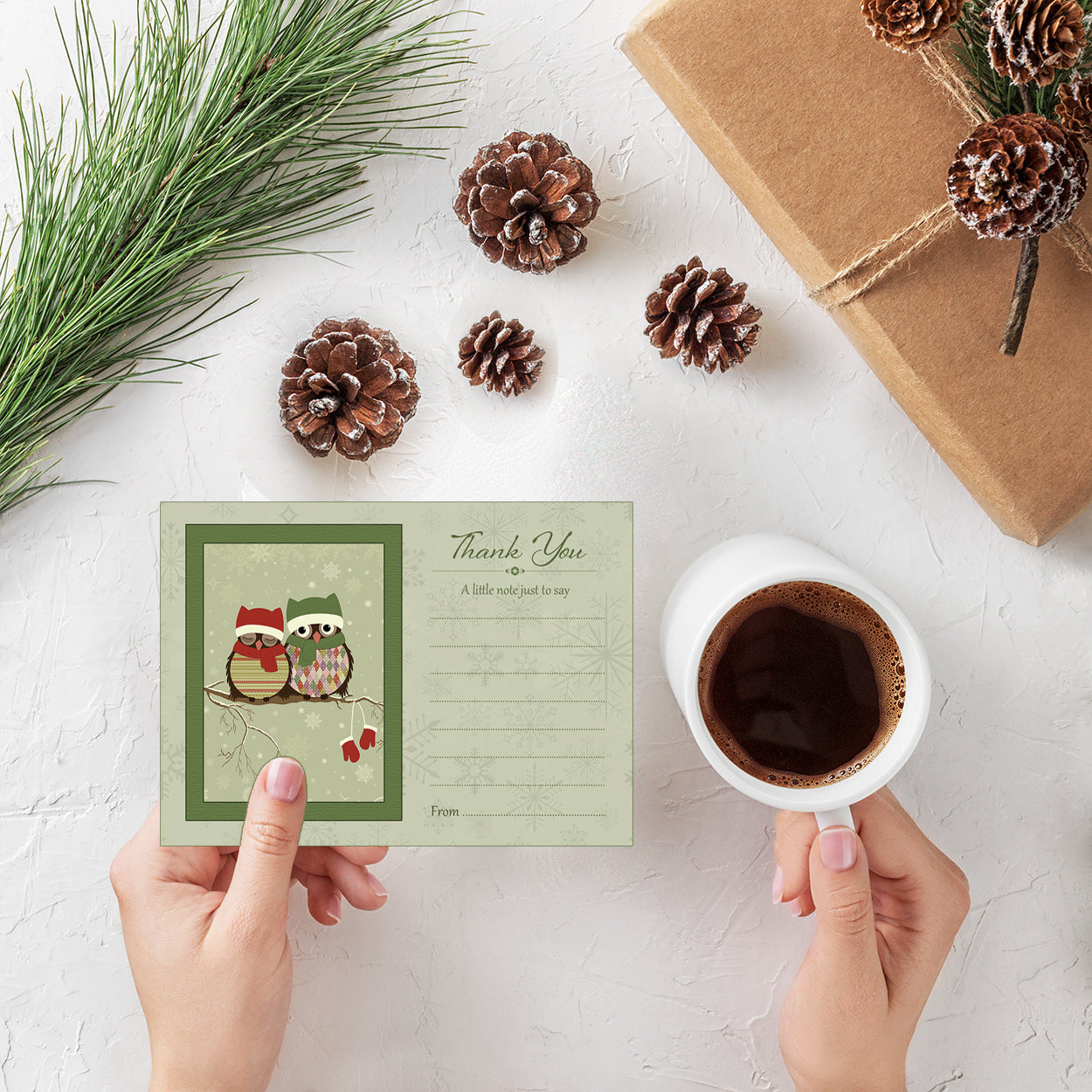 Vintage Owls Christmas Thank You Note Cards With White Envelopes - Pack of 20