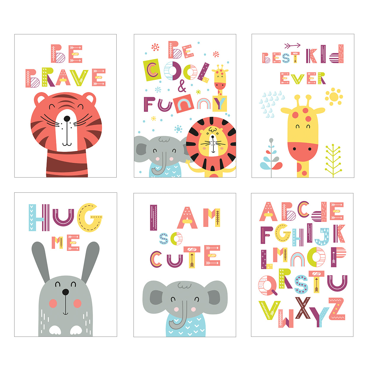 Set Of 6 Fun Jungle Animal Kids Bedroom Art Prints