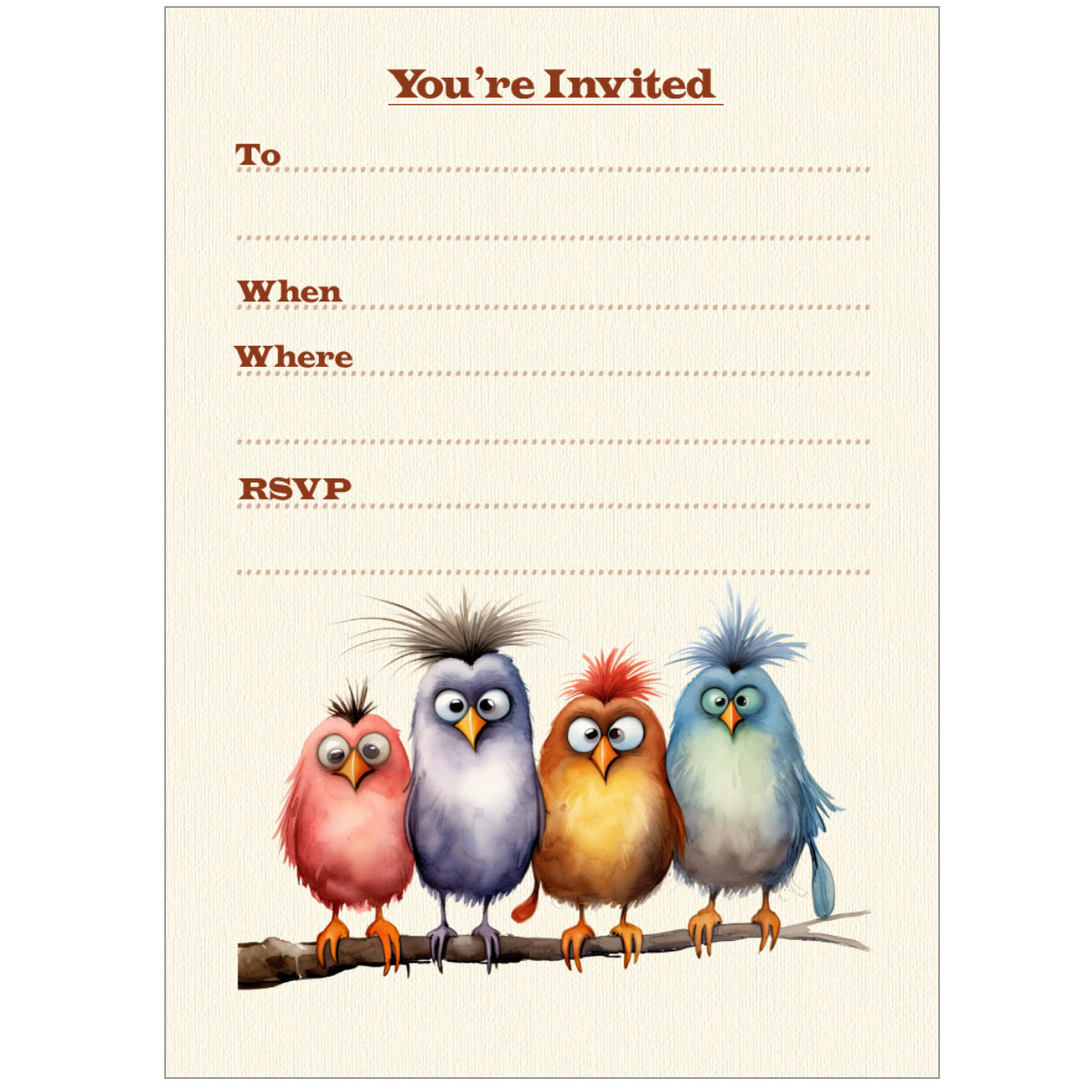 Four Fun Birds Birthday Party Invitations - Pack of 10