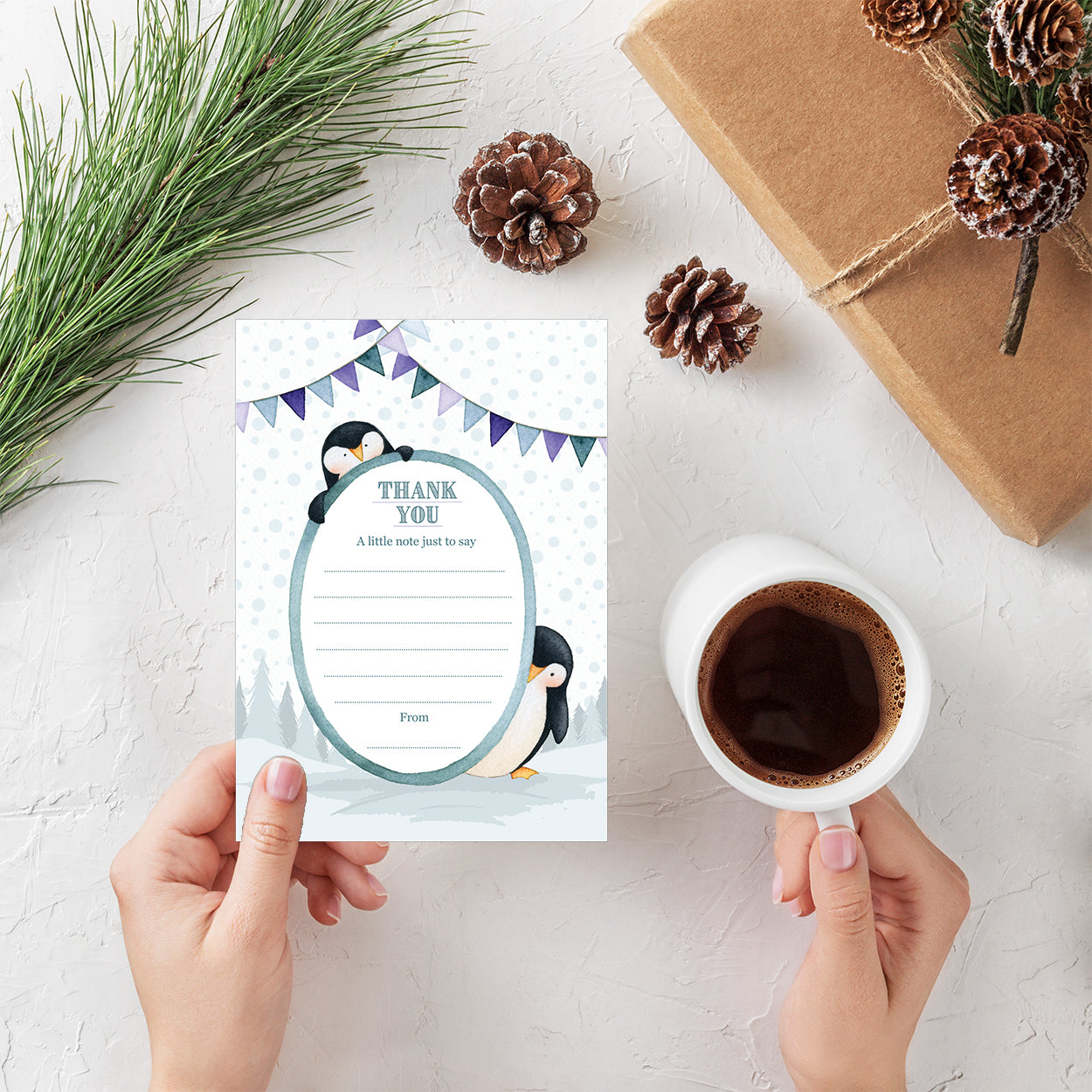 Penguins Christmas Thank You Note Cards With White Envelopes - Pack of 20
