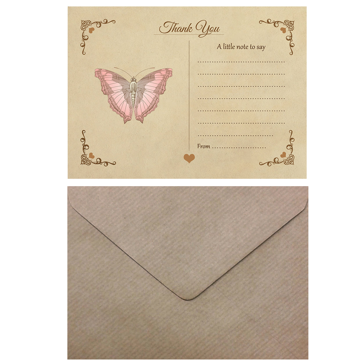 Vintage Butterfly Thank You Note Cards With Brown Kraft Envelopes - Pack of 20