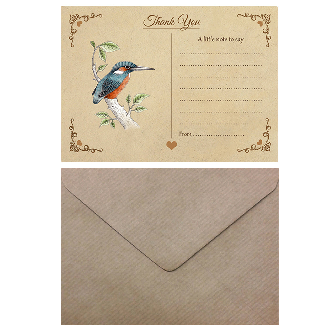 Vintage Kingfisher Thank You Note Cards With Brown Kraft Envelopes - Pack of 20