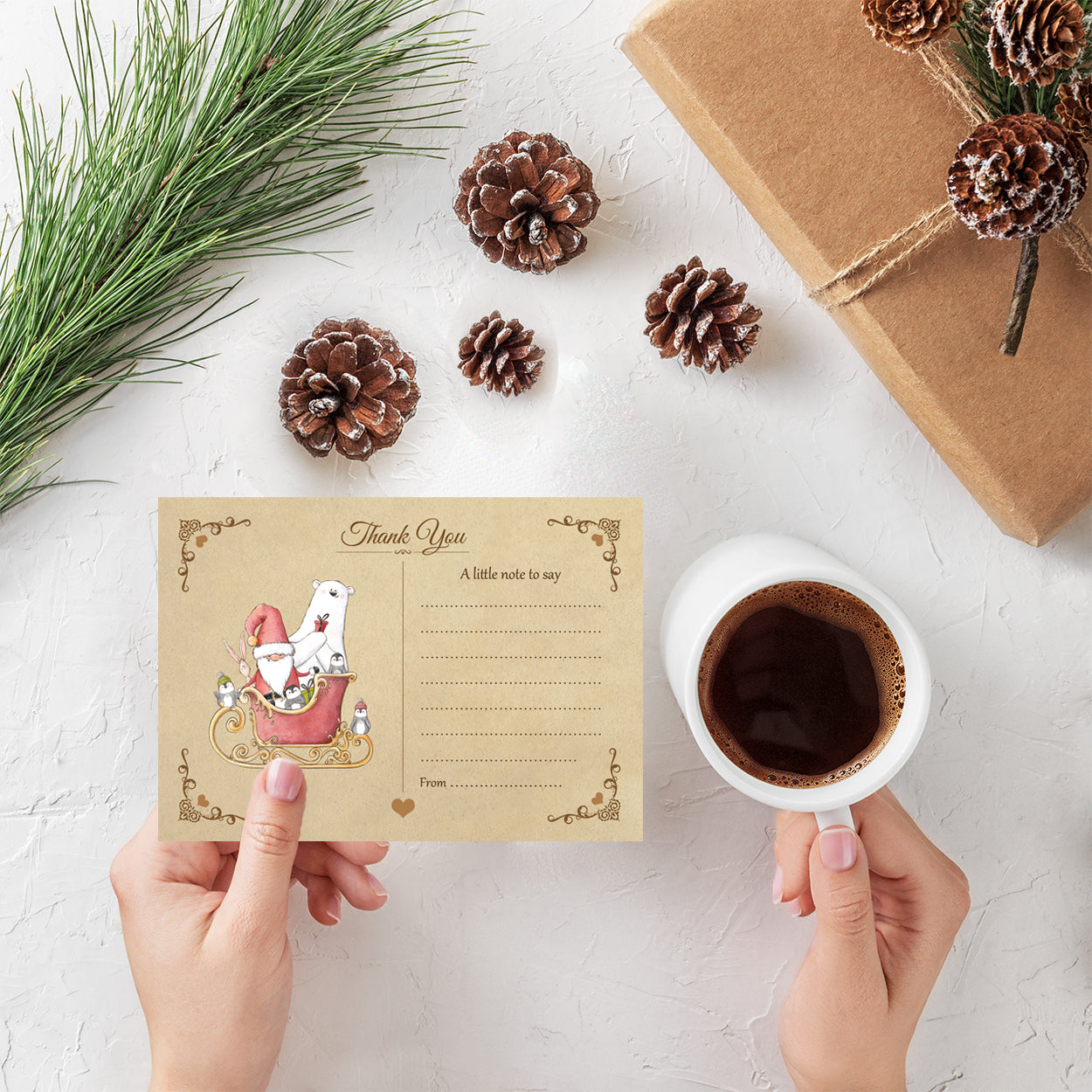 Vintage Santa's Sleigh Christmas Thank You Note Cards With White Envelopes - Pack of 20