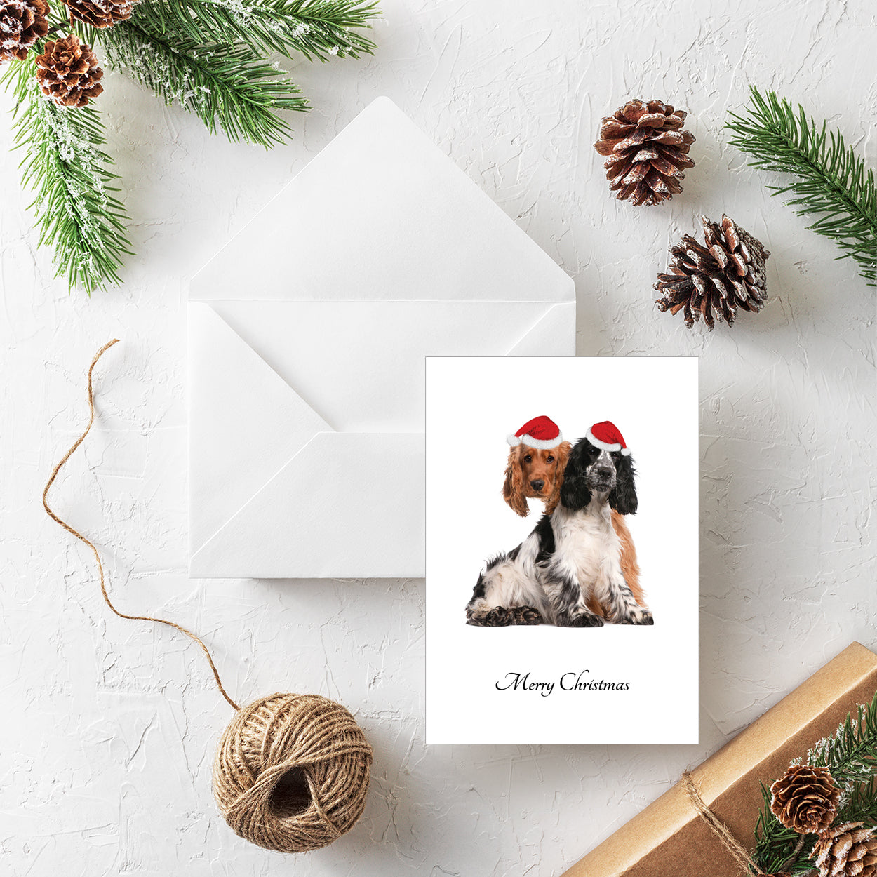 Spaniels wearing Santa hats - Pack of 20 Personalised