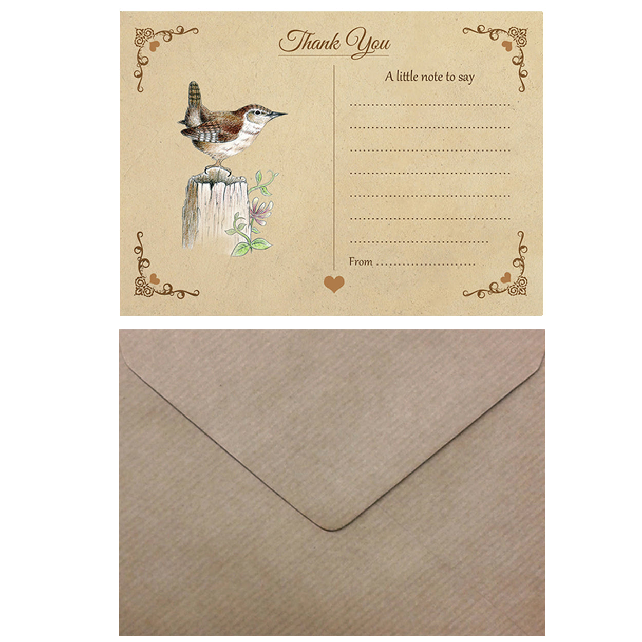 Vintage Jenny Wren Thank You Note Cards With Brown Kraft Envelopes - Pack of 20