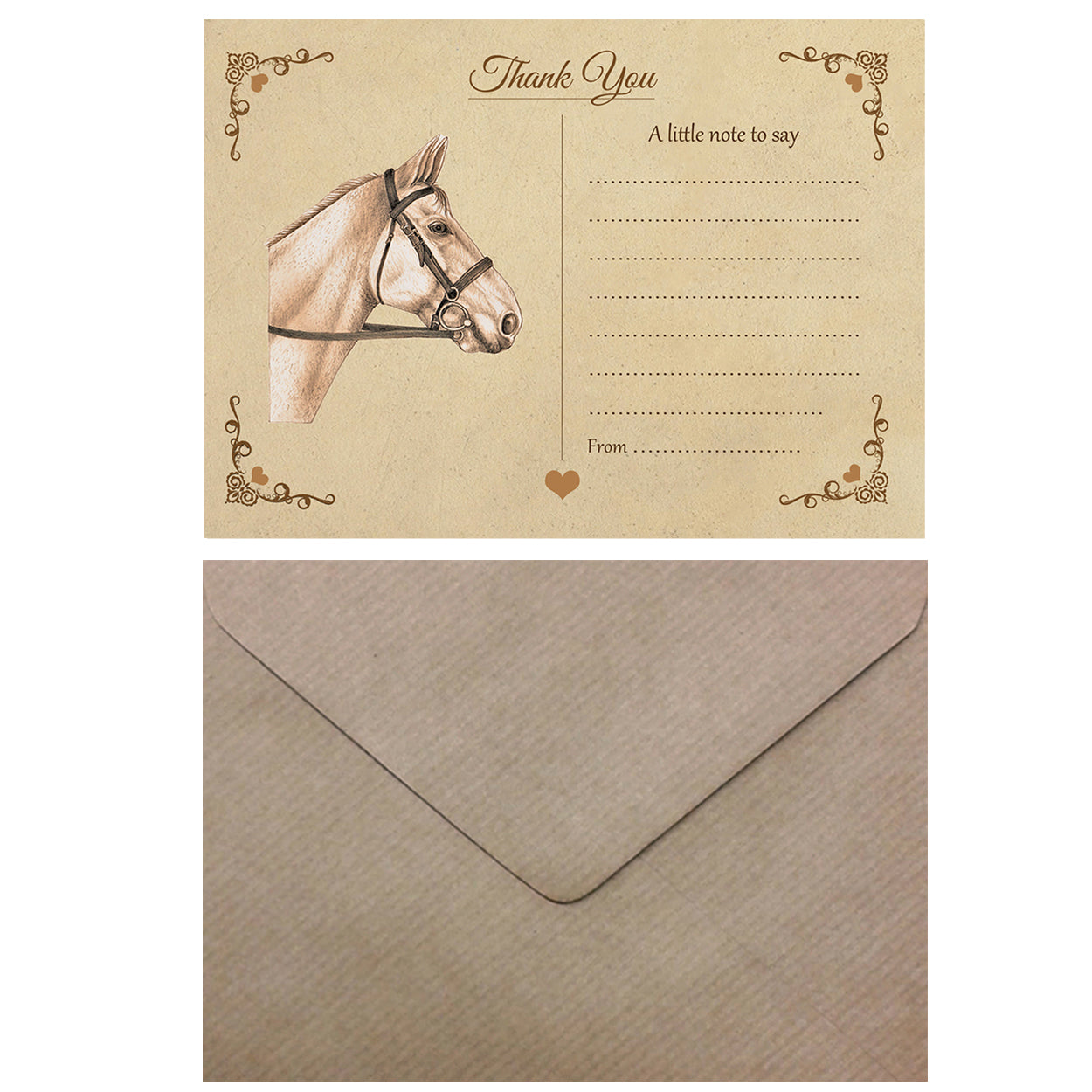Vintage Horse Thank You Note Cards With Brown Kraft Envelopes - Pack of 20