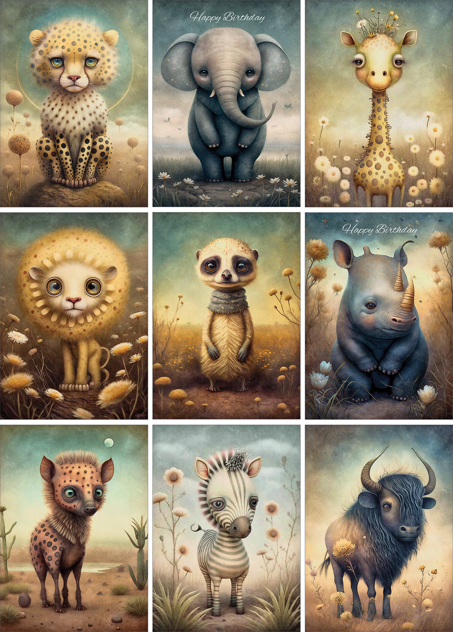 Nine Savana Animals Greeting Cards - Pack A19