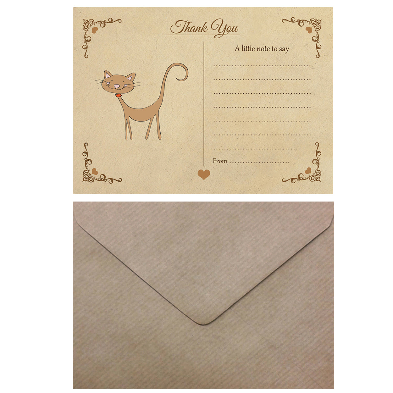 Vintage Cat Thank You Note Cards With Brown Kraft Envelopes - Pack of 20