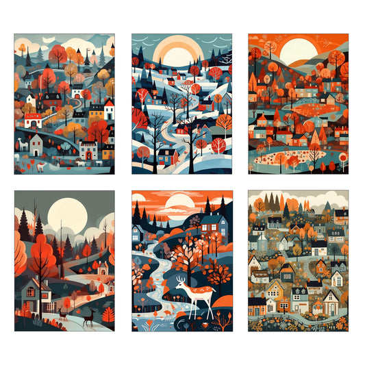Set Of 6 Scandi Village Prints