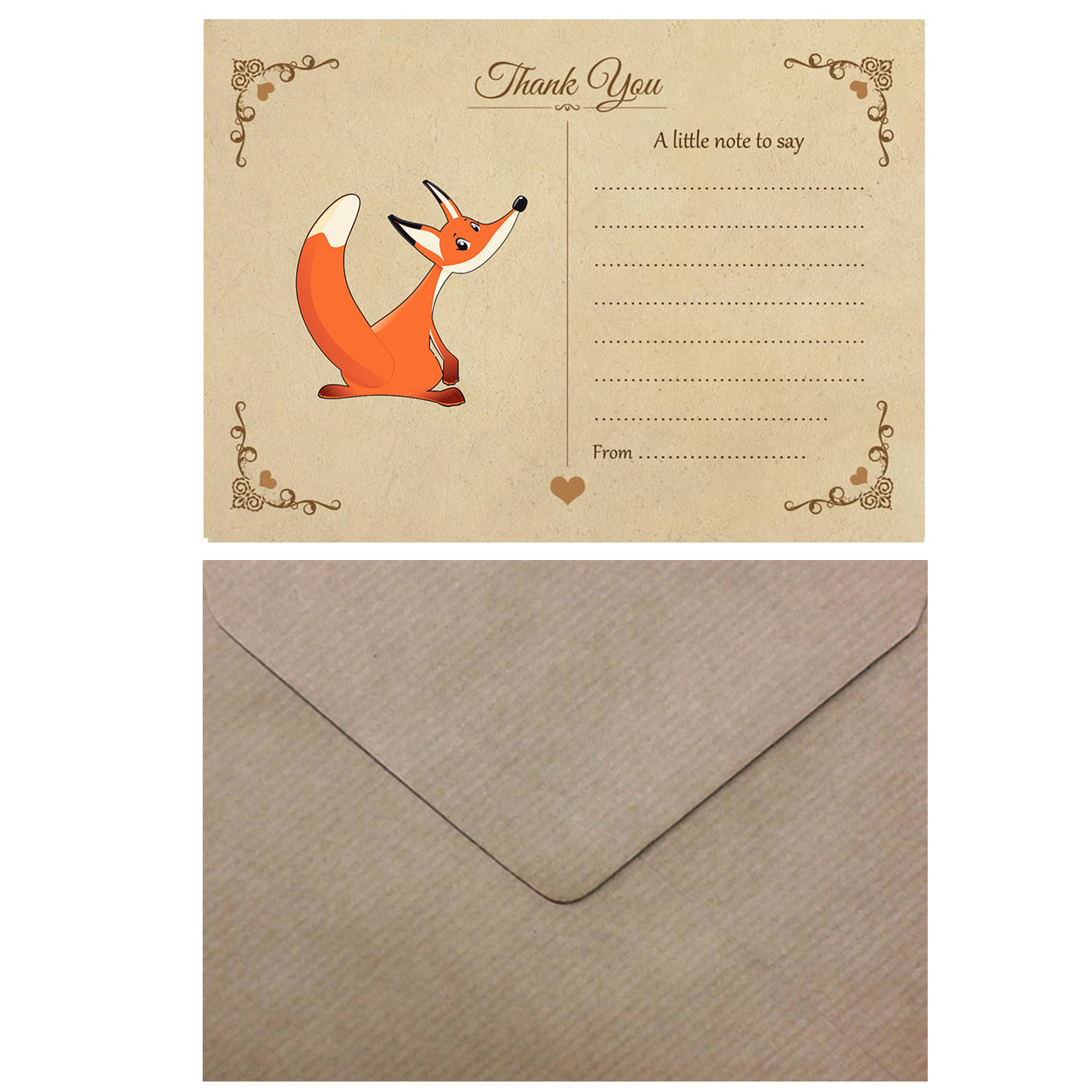 Vintage Fox Thank You Note Cards With Brown Kraft Envelopes - Pack of 20