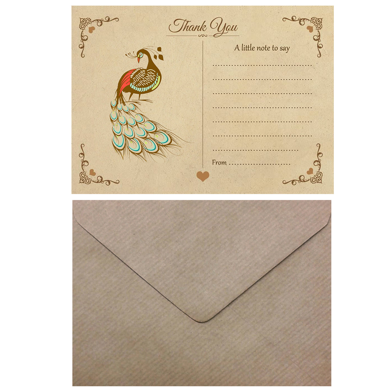 Vintage Peacock Thank You Note Cards With Brown Kraft Envelopes - Pack of 20