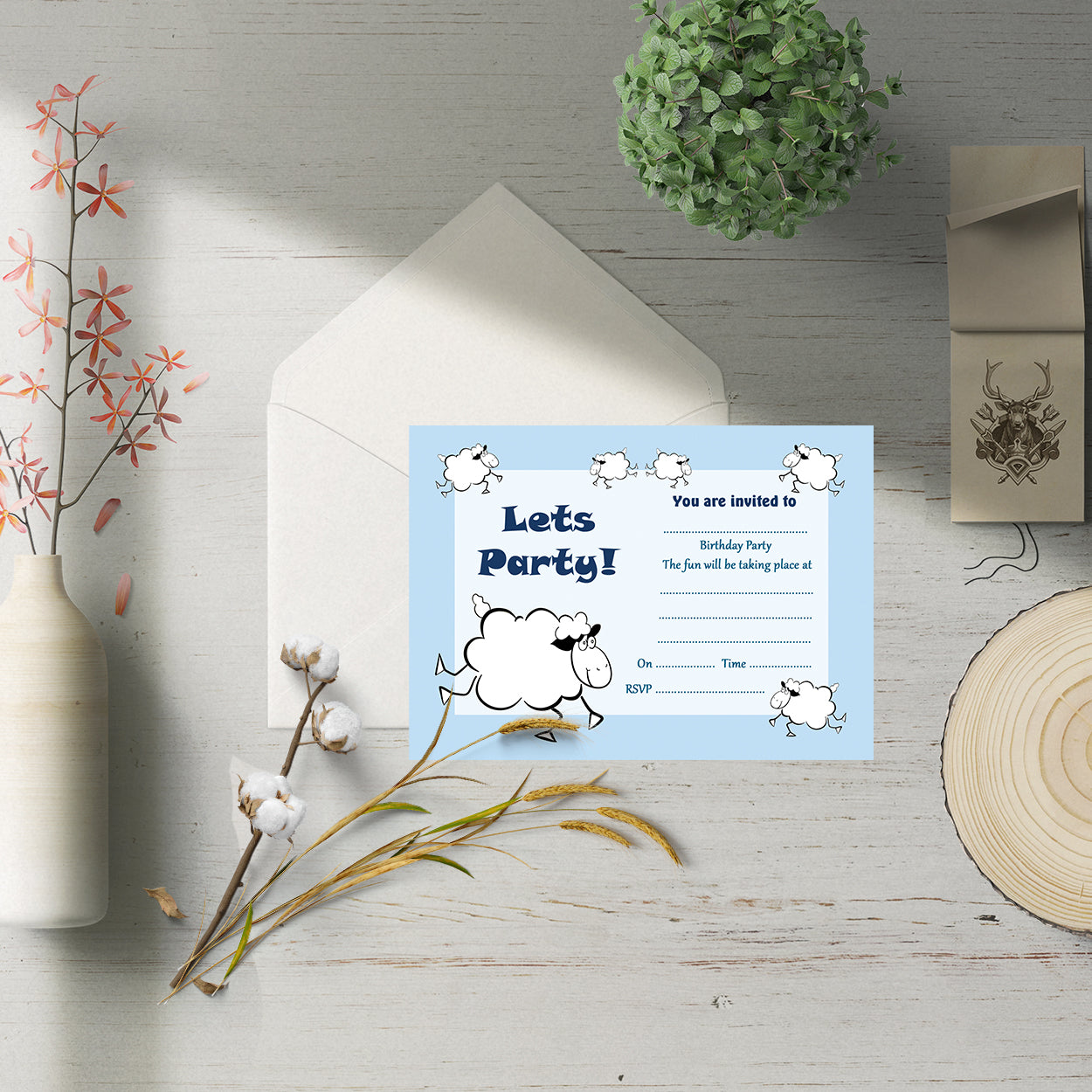 Sheep Birthday Party Invitations With White Envelopes - Pack of 20