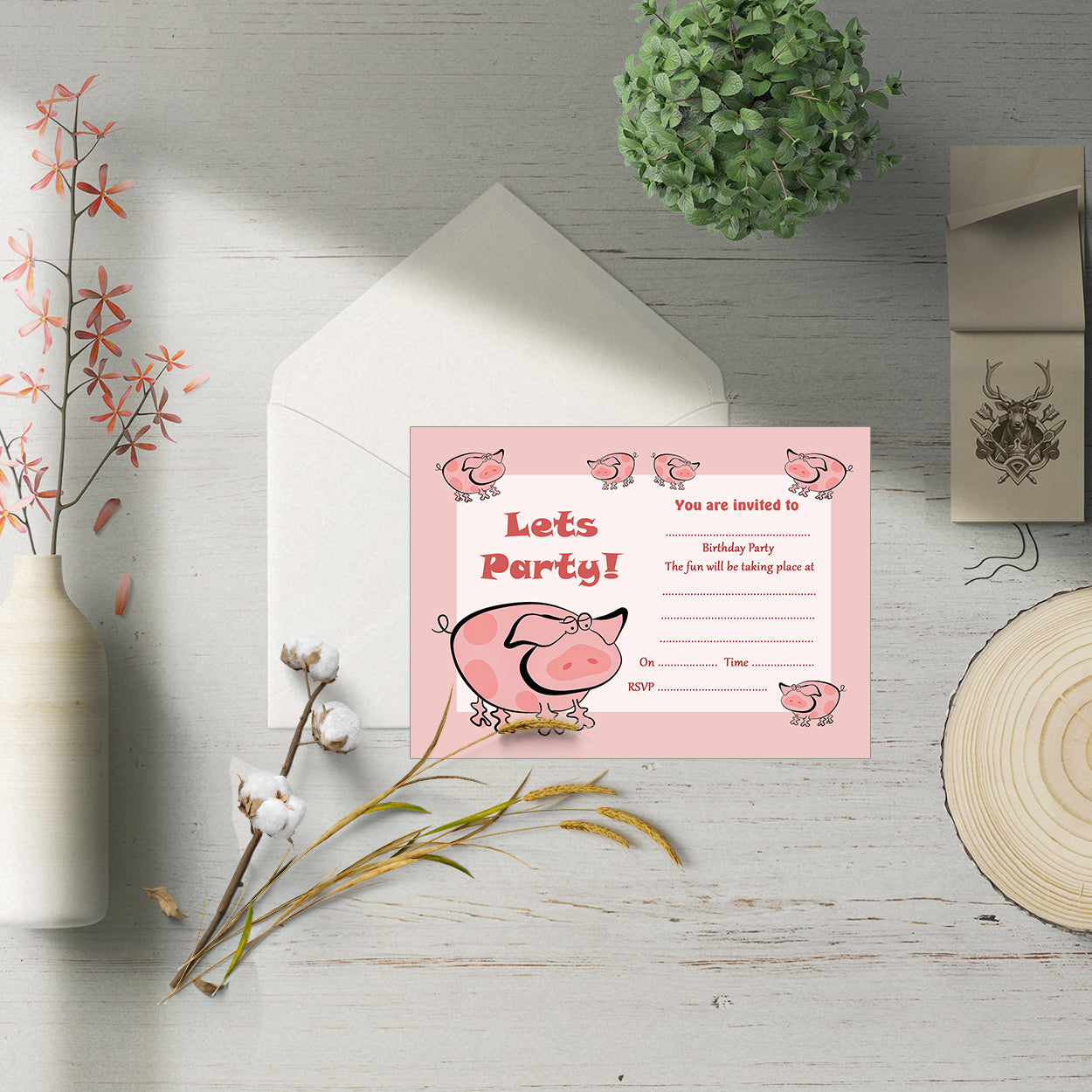 Fun Pigs Birthday Party Invitations With White Envelopes - Pack of 20