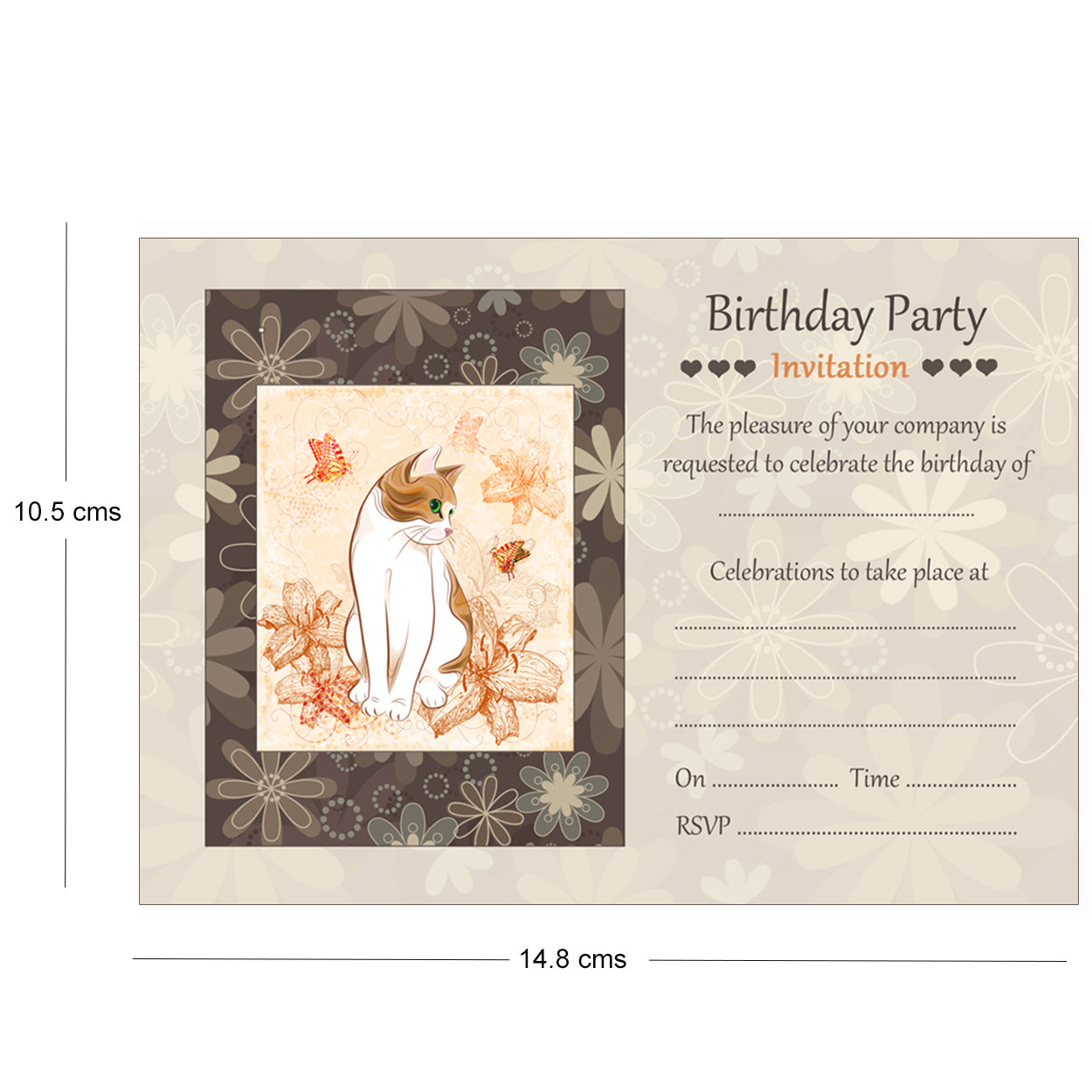 Cat And Flowers Birthday Party Invitations - Pack of 10