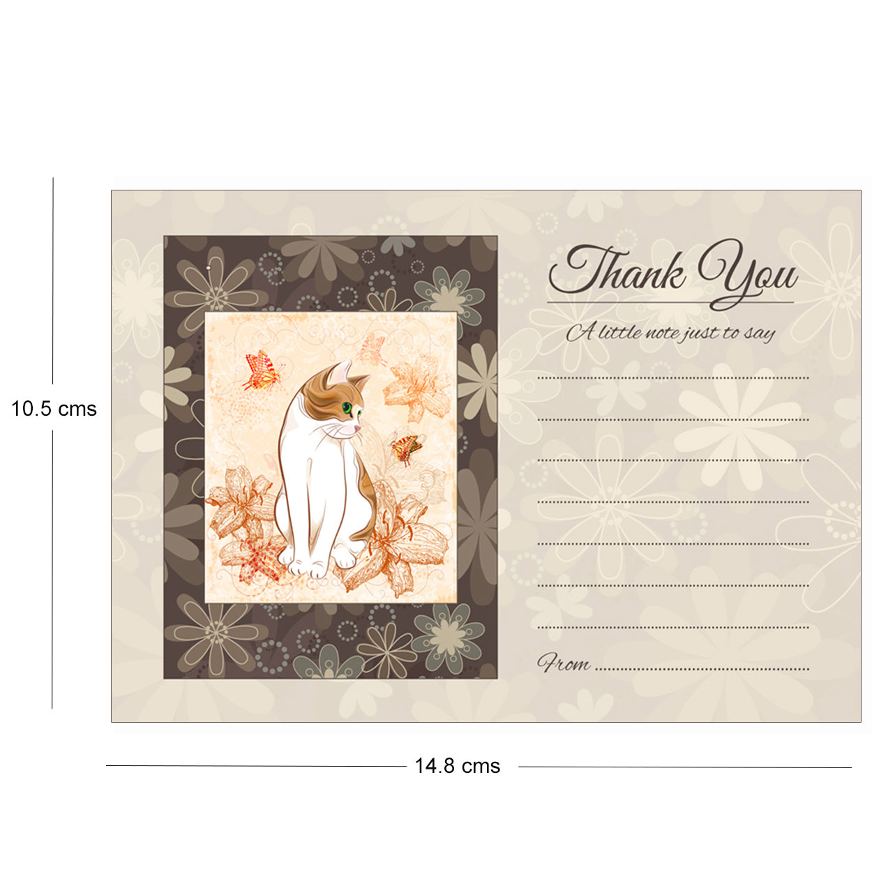 Cat And Flowers Thank You Note Cards - White Envelopes - Pack of 20