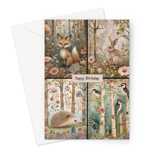 Woodland Birthday Greeting Card with fox rabbit hedgehog and woodpeckers