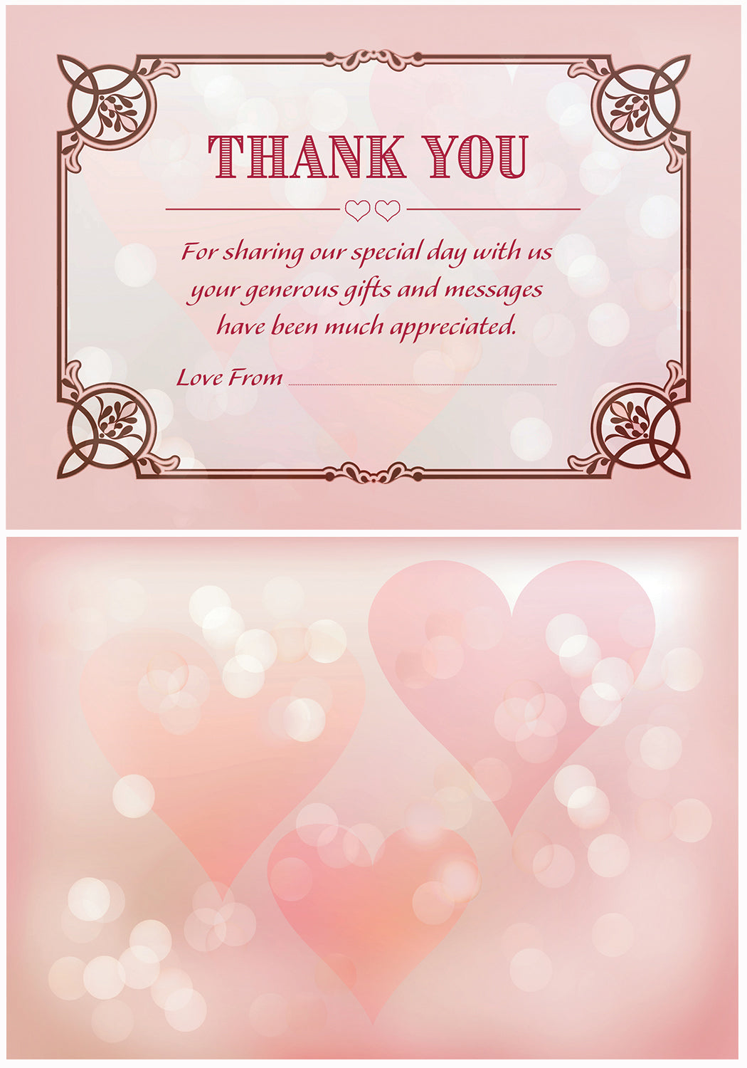 Pink Hearts Wedding Thank You Note Cards With White Envelopes - Pack of 20