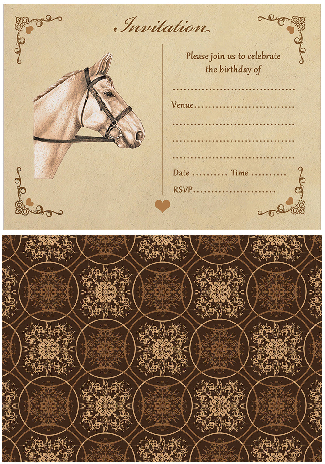 Vintage Horse Birthday Invitations With Brown Kraft Envelopes - Pack of 20