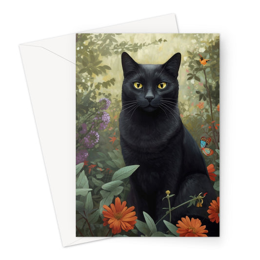 Black Cat In The Flower Garden Greeting Card
