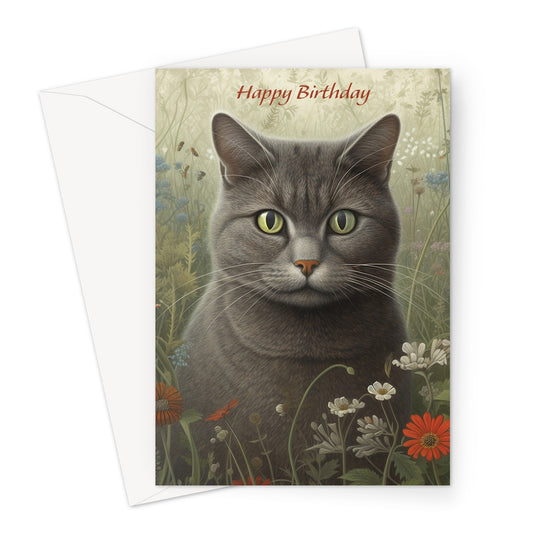 Red Flower Cat Birthday Greeting Card