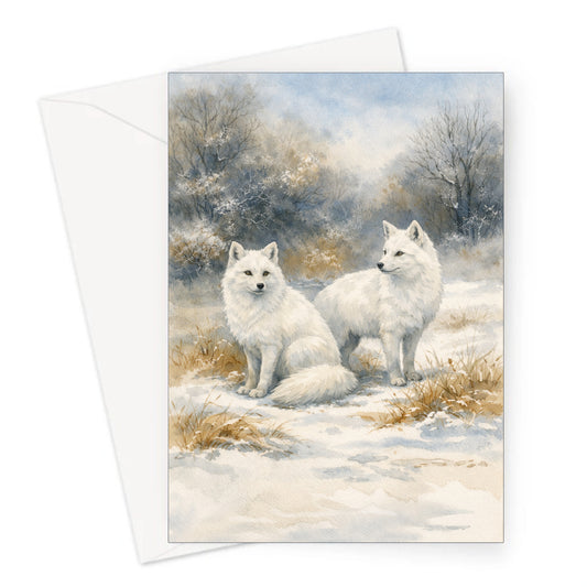 Illustrated A5 greeting card with two white snow foxes in a snowy landscape, with included white envelope
