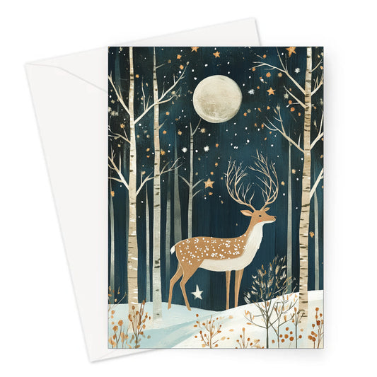 A5 Christmas card featuring an illustrated stag under a full moon in a snowy forest, includes white envelope