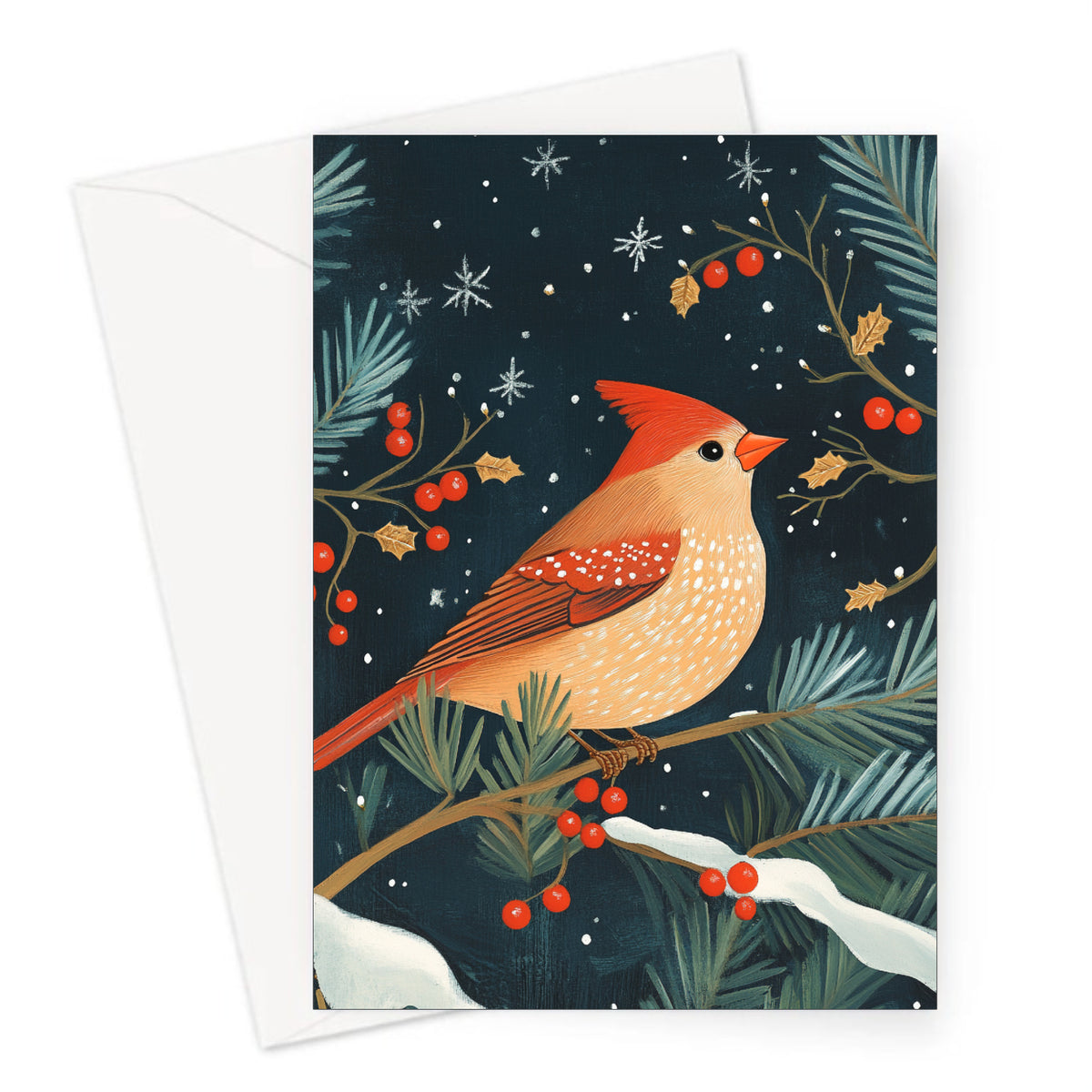 A5 Christmas greeting card featuring a red bird illustration with winter foliage, berries, and snowflakes, accompanied by a white envelope.