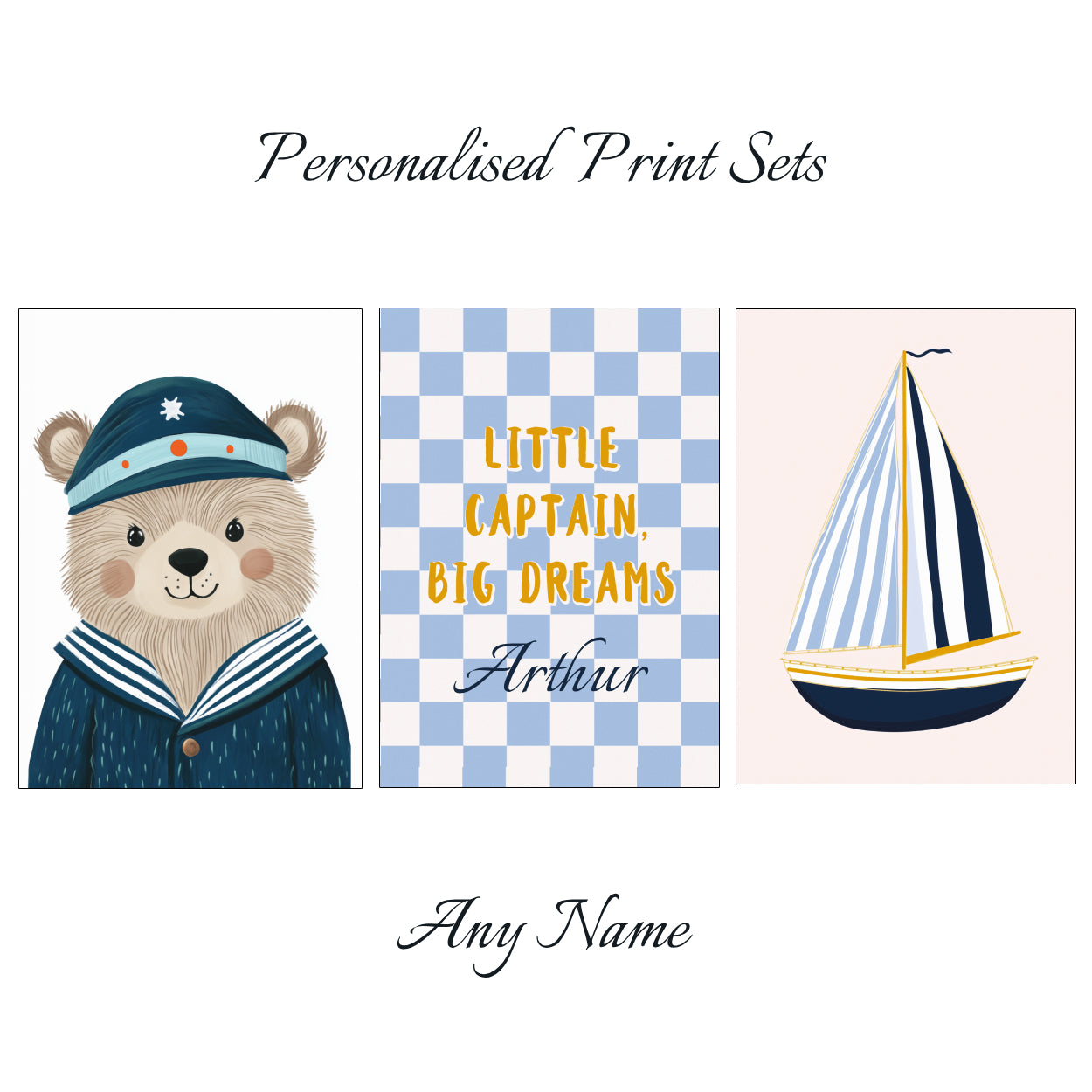 Little Captain Prints - Set Of 3 - Personalised With Any Name