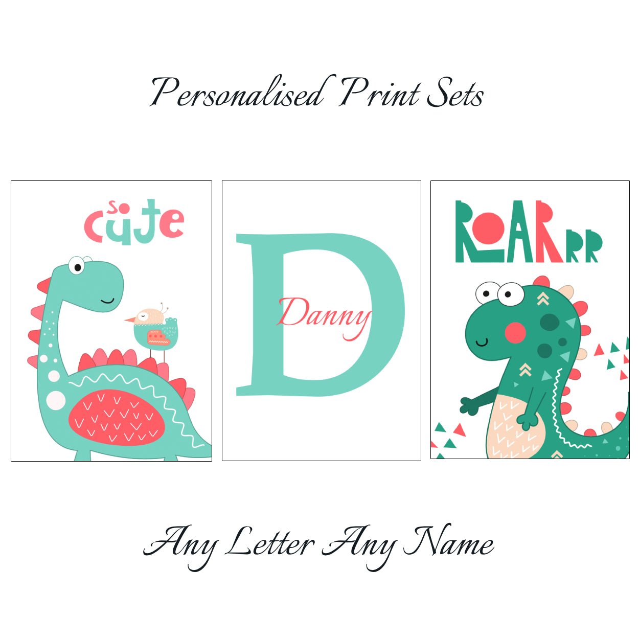 Dino Prints - Set Of 3 - Personalised With Any Name