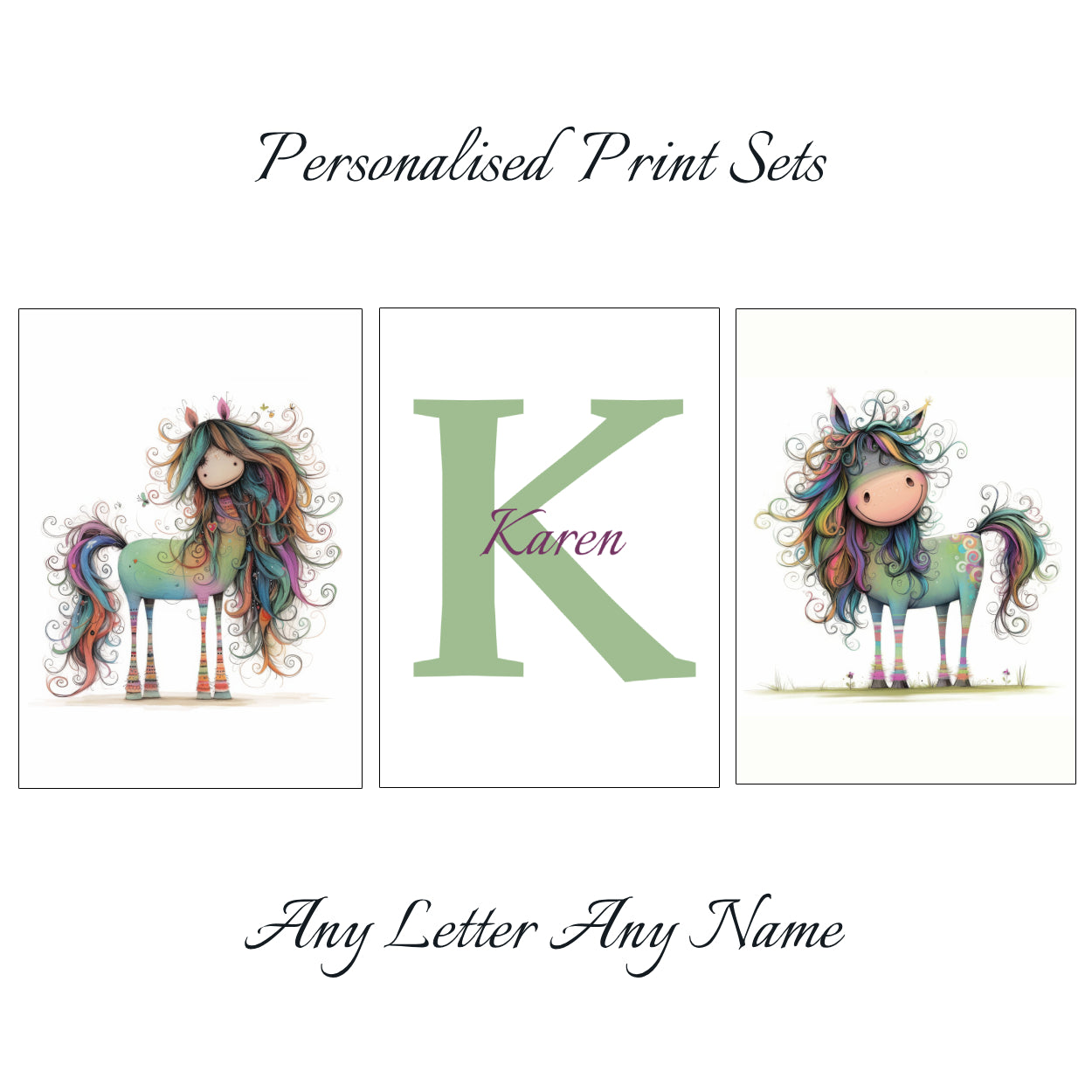 Cute Horse Prints - Set Of 3 - Personalised With Any Name