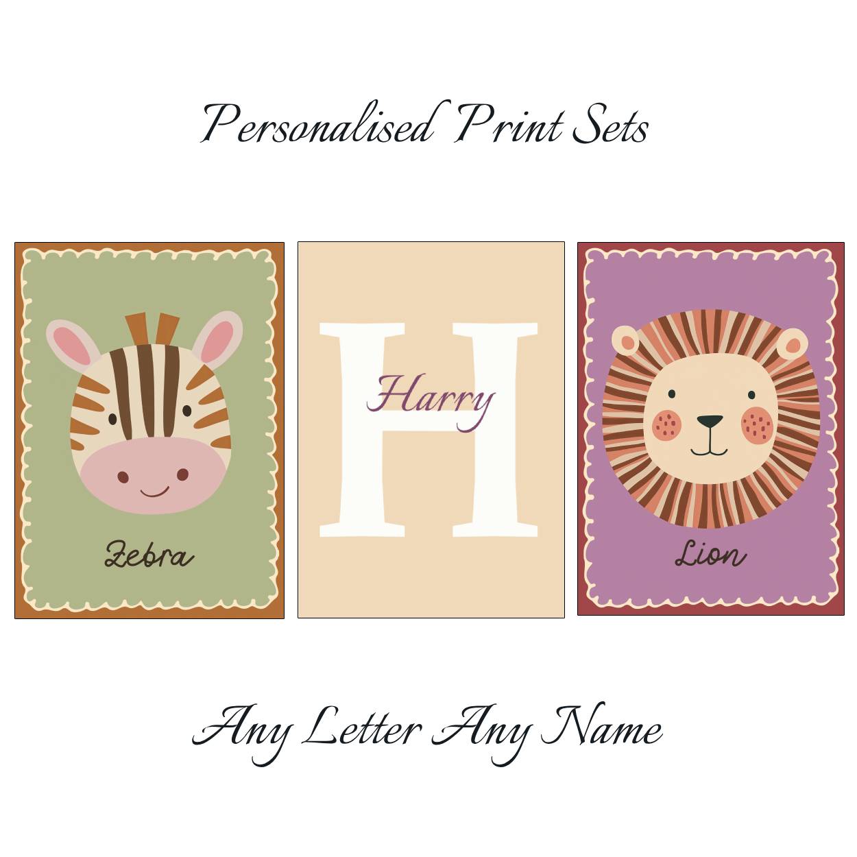 Zebra And Lion Prints - Set Of 3 - Personalised With Any Name
