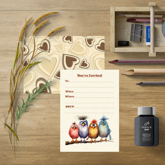 Four Fun Birds Birthday Party Invitations - White Envelopes - Pack of 20
