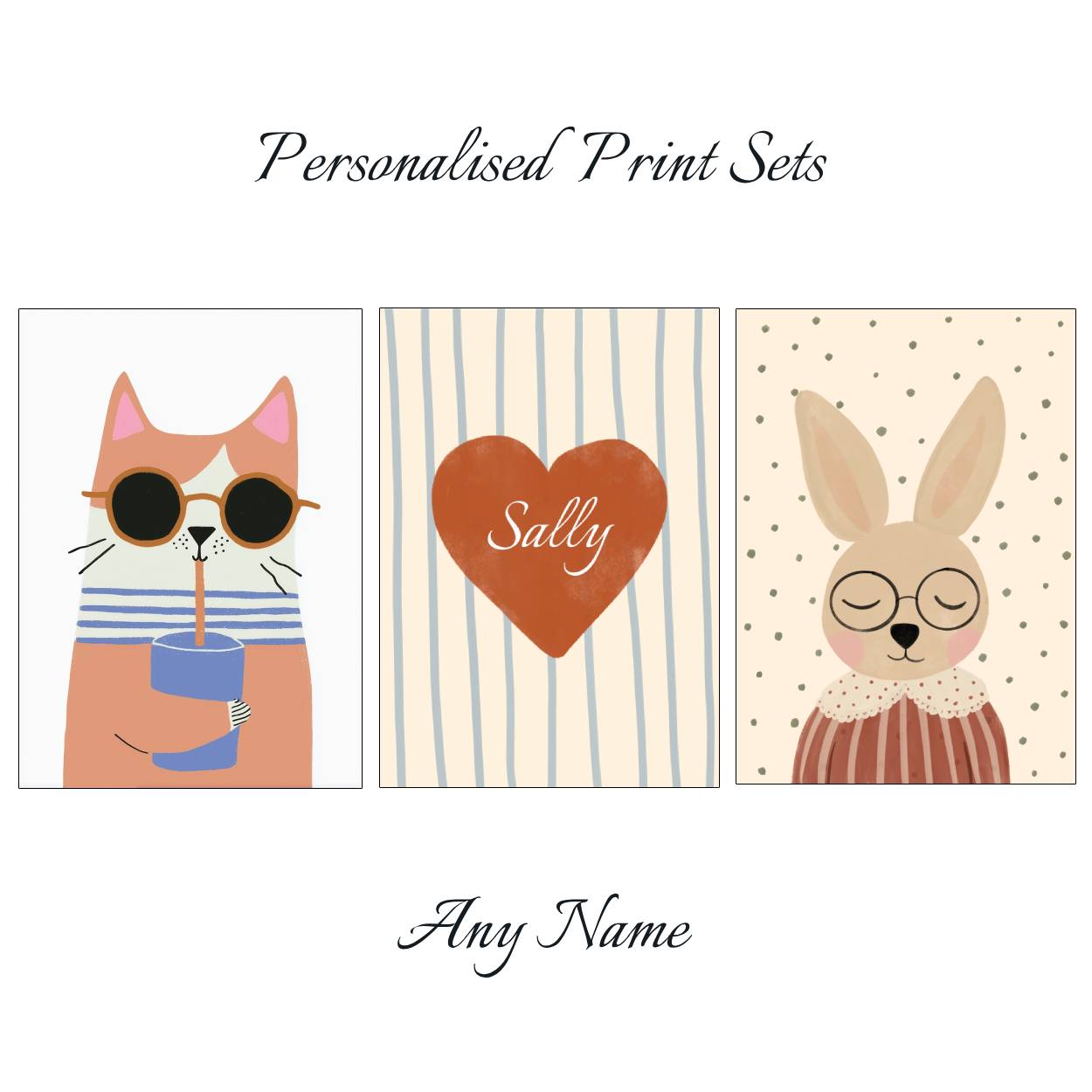 Red Heart Prints - Set Of 3 - Personalised With Any Name