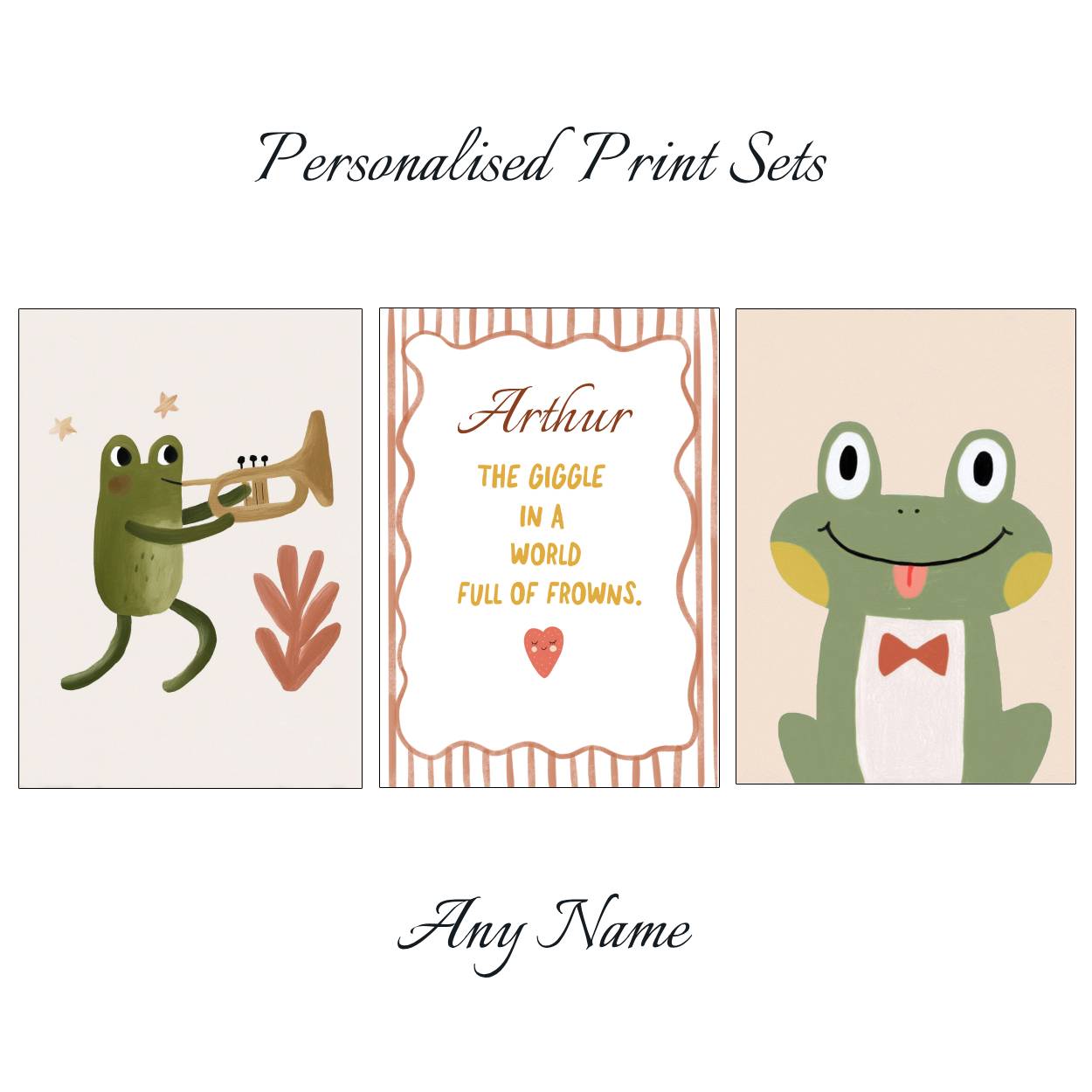 Giggle Frog Prints - Set Of 3 - Personalised With Any Name