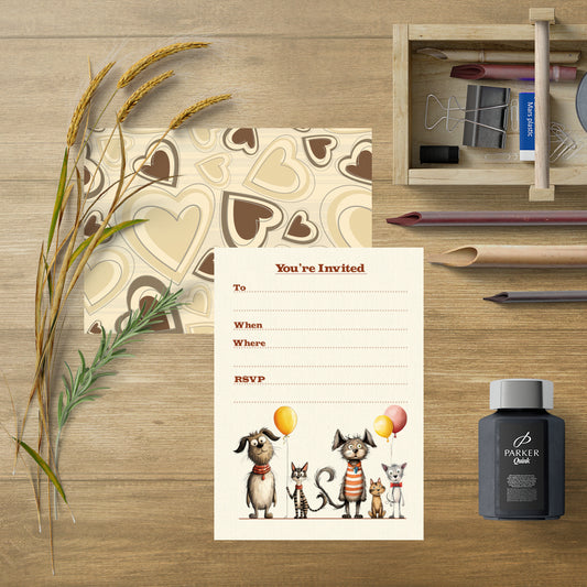 Dogs And Cats Birthday Party Invitations - White Envelopes - Pack of 20