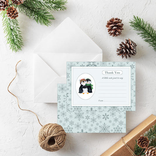 Fun Penguins Christmas Thank You Note Cards With White Envelopes - Pack of 20
