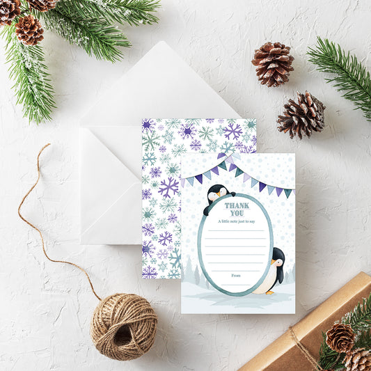 Penguins Christmas Thank You Note Cards With White Envelopes - Pack of 20