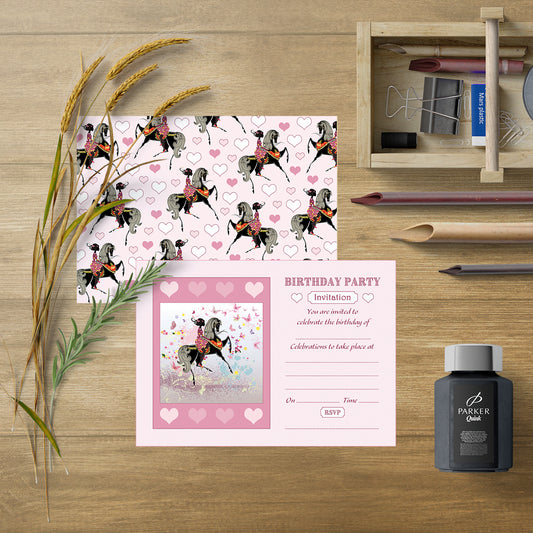 Girl And Horse Birthday Party Invitations With White Envelopes - Pack of 20