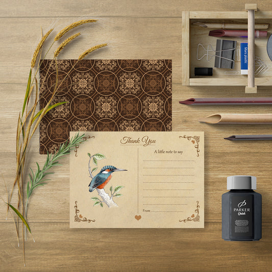 Vintage Kingfisher Thank You Note Cards With Brown Kraft Envelopes - Pack of 20