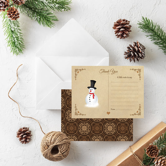 Vintage Snowman Christmas Thank You Note Cards With White Envelopes - Pack of 20