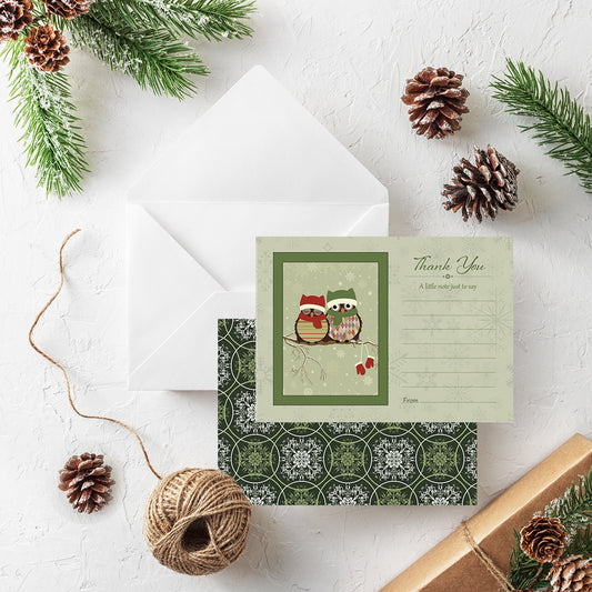 Vintage Owls Christmas Thank You Note Cards With White Envelopes - Pack of 20