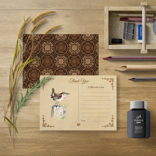 Vintage Jenny Wren Thank You Note Cards With Brown Kraft Envelopes - Pack of 20
