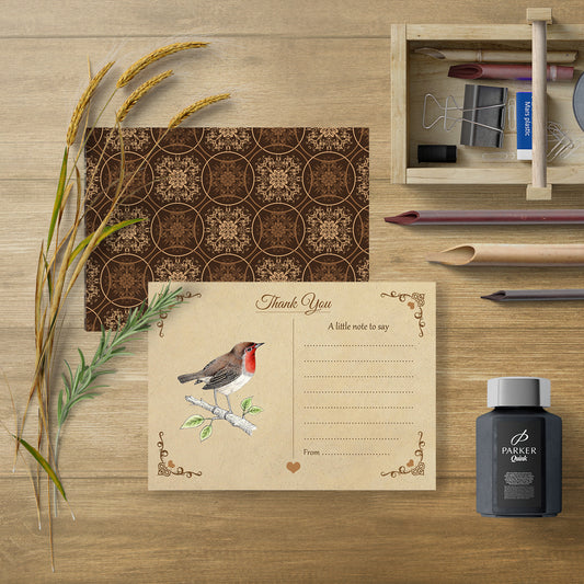 Vintage Robin Thank You Note Cards With Brown Kraft Envelopes - Pack of 20